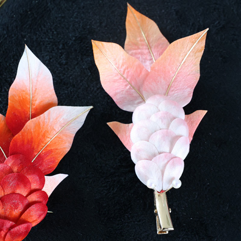 Handmade Yangzhou Velvet Flower Mulberry Silk Red Koi Fish Leaves Brooch Hair Clip - Image 12