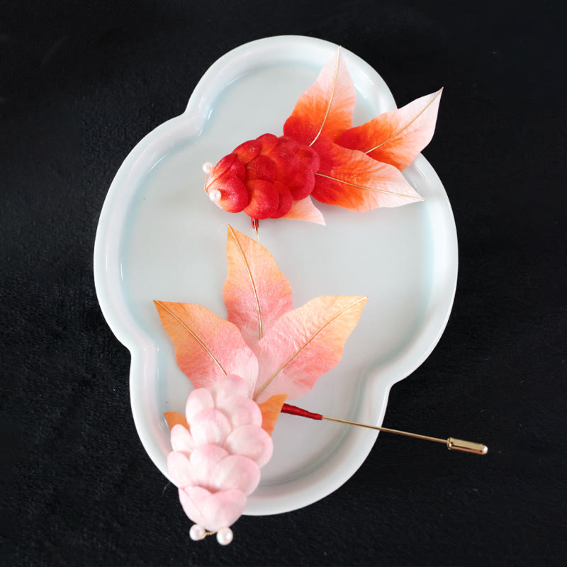 Handmade Yangzhou Velvet Flower Mulberry Silk Red Koi Fish Leaves Brooch Hair Clip - Image 18