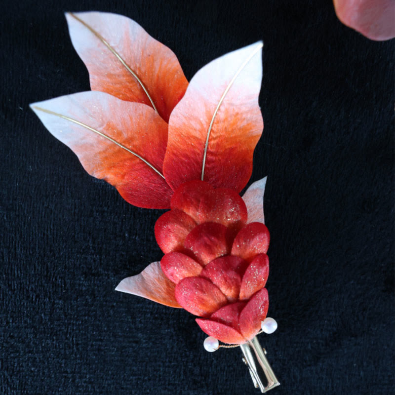 Handmade Yangzhou Velvet Flower Mulberry Silk Red Koi Fish Leaves Brooch Hair Clip - Image 11