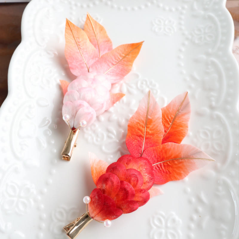 Handmade Yangzhou Velvet Flower Mulberry Silk Red Koi Fish Leaves Brooch Hair Clip - Image 7