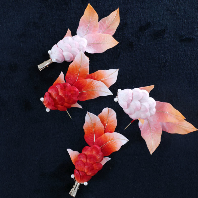Handmade Yangzhou Velvet Flower Mulberry Silk Red Koi Fish Leaves Brooch Hair Clip - Image 15