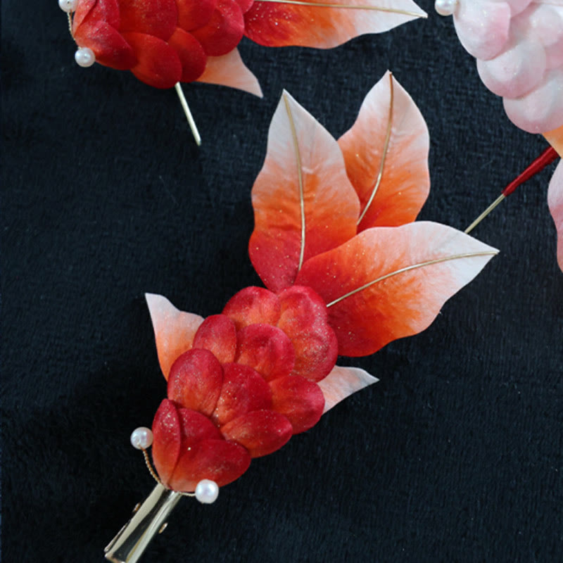 Handmade Yangzhou Velvet Flower Mulberry Silk Red Koi Fish Leaves Brooch Hair Clip - Image 14