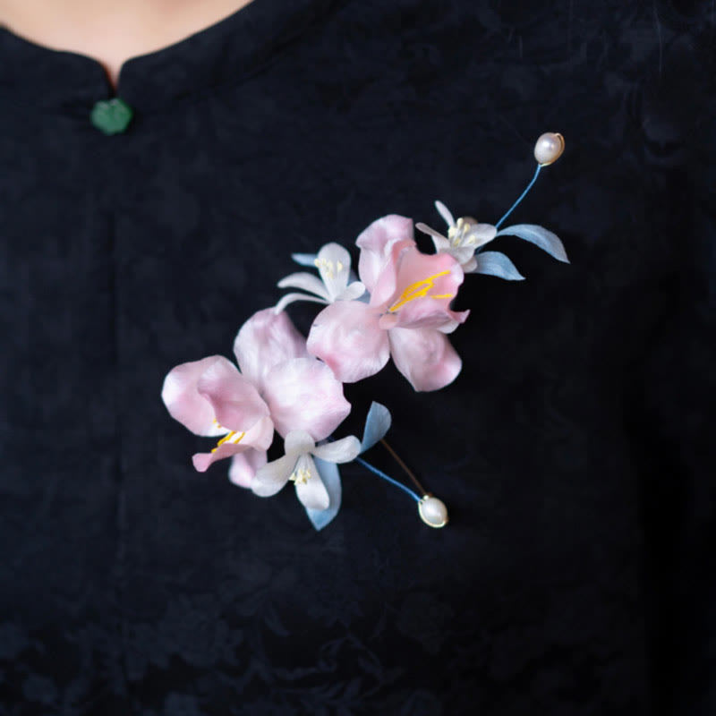 Handmade Velvet Flower Mulberry Silk Pink Iris Vine Brooch Hairpin