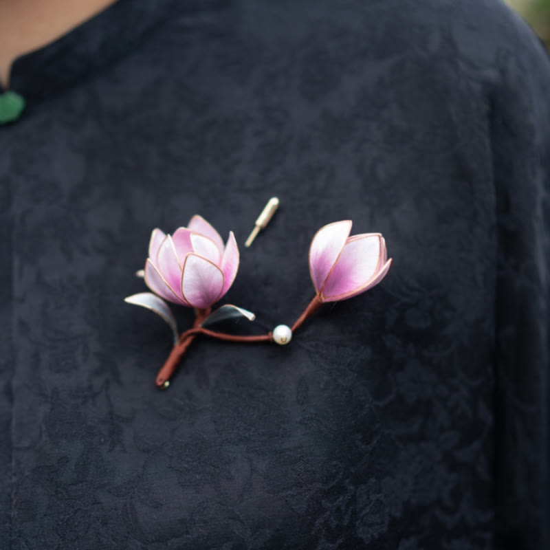 Handmade Yangzhou Velvet Flower Mulberry Silk Purple Magnolia Brooch Hairpin