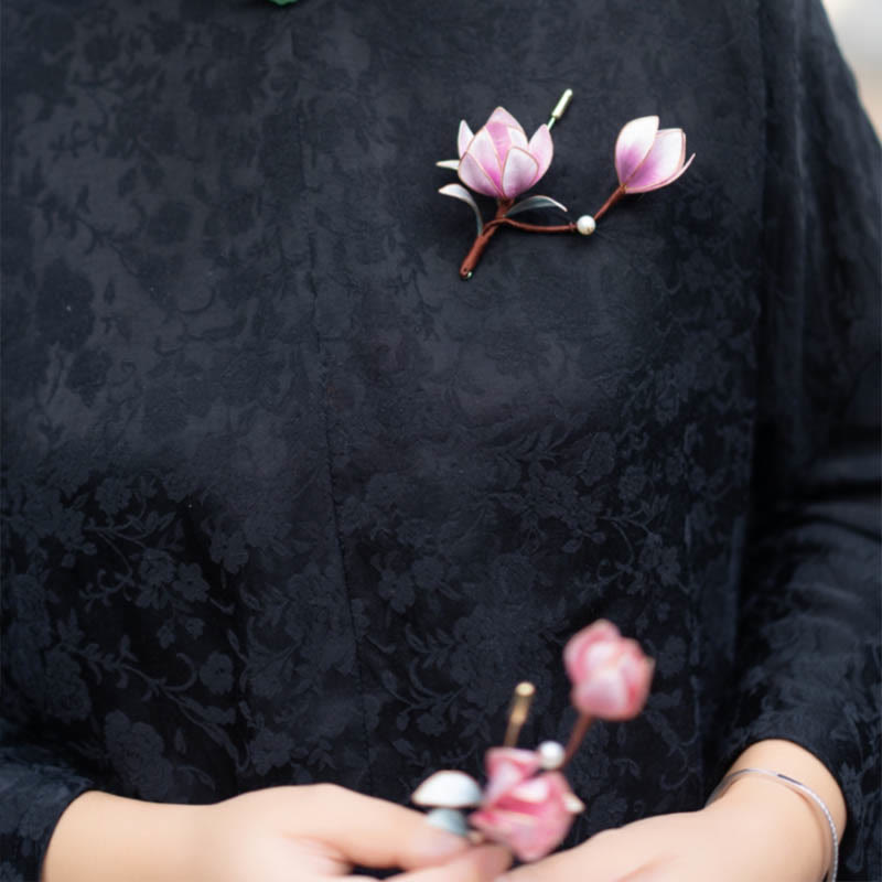 Handmade Yangzhou Velvet Flower Mulberry Silk Purple Magnolia Brooch Hairpin - Image 3