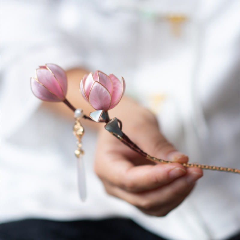 Handmade Yangzhou Velvet Flower Mulberry Silk Purple Magnolia Brooch Hairpin - Image 7