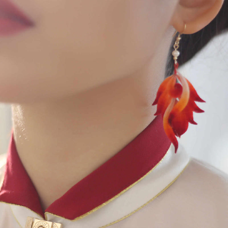 14K Gold-plated Copper Handmade Velvet Flower Mulberry Silk Red Feather Drop Earrings - Image 8