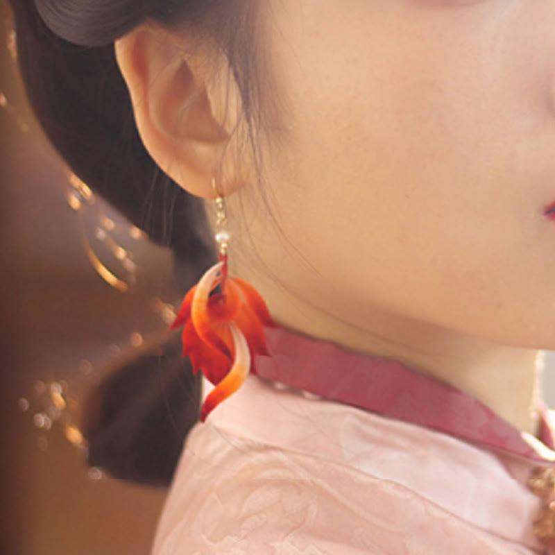 14K Gold-plated Copper Handmade Velvet Flower Mulberry Silk Red Feather Drop Earrings - Image 6