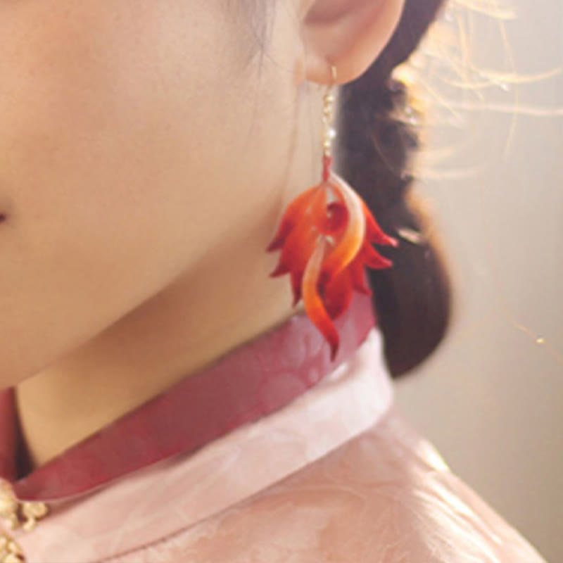 14K Gold-plated Copper Handmade Velvet Flower Mulberry Silk Red Feather Drop Earrings - Image 10