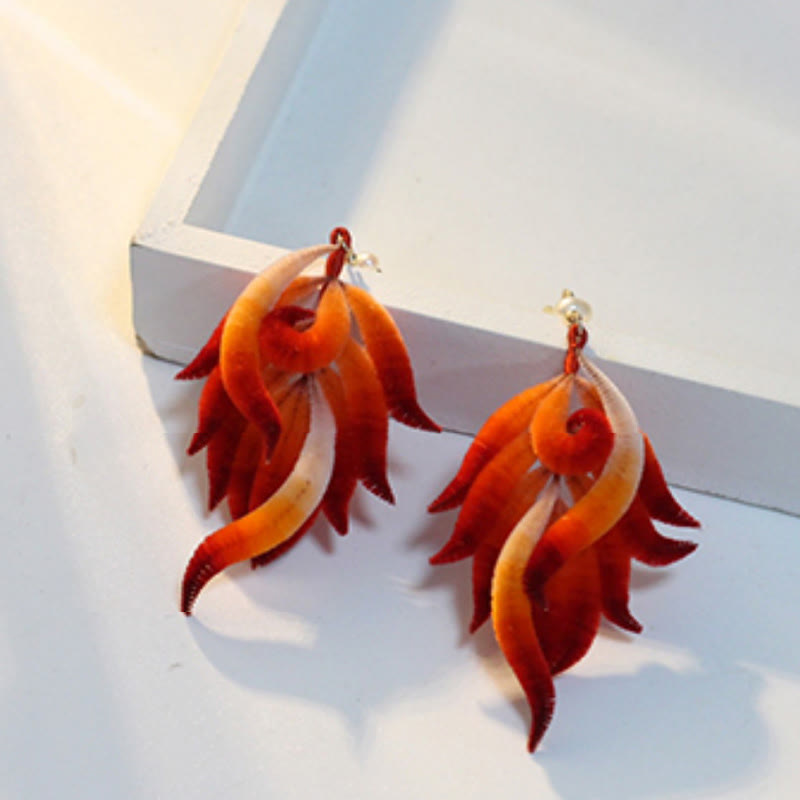 14K Gold-plated Copper Handmade Velvet Flower Mulberry Silk Red Feather Drop Earrings - Image 5