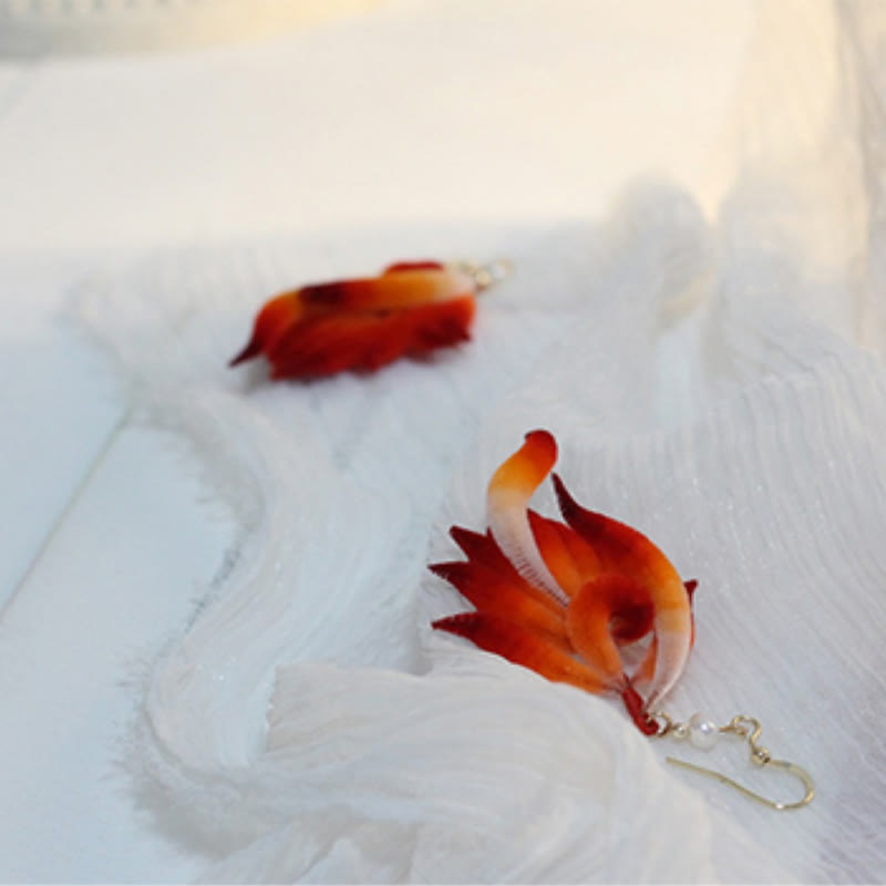 14K Gold-plated Copper Handmade Velvet Flower Mulberry Silk Red Feather Drop Earrings - Image 3