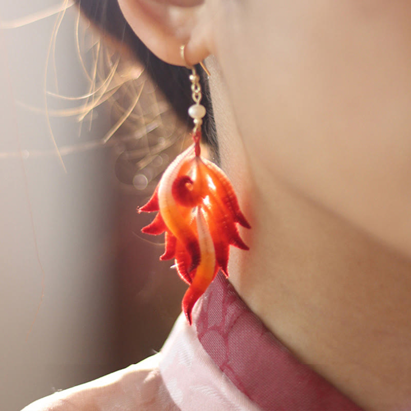 14K Gold-plated Copper Handmade Velvet Flower Mulberry Silk Red Feather Drop Earrings - Image 9