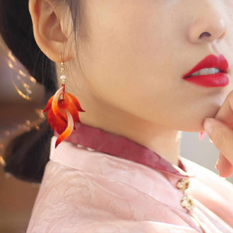 14K Gold-plated Copper Handmade Velvet Flower Mulberry Silk Red Feather Drop Earrings - Image 7