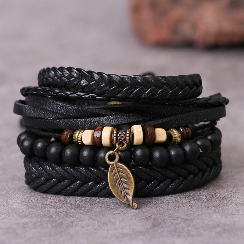 Leaf Multi-layer Twisted Leather Resin Beads Courage Bracelet Set