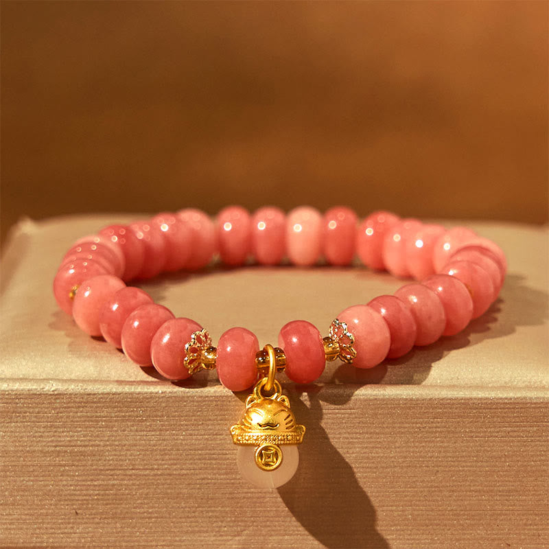 Strawberry Quartz Cyan Jade Lucky Cat Beads Healing Bracelet