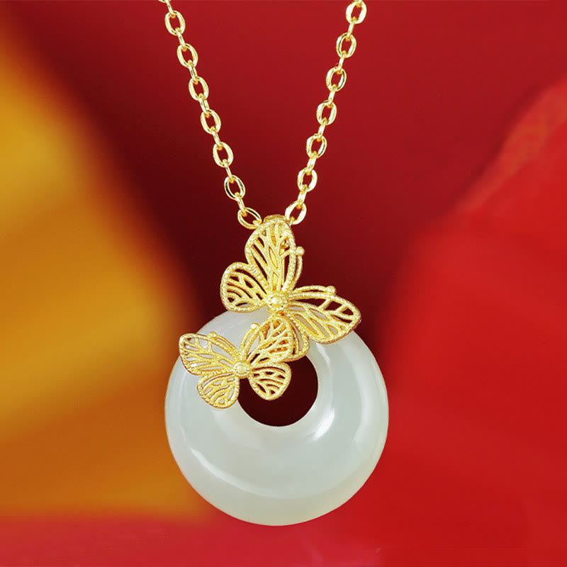 925 Sterling Silver Natural Hetian Jade Butterfly Prosperity Necklace Pendant