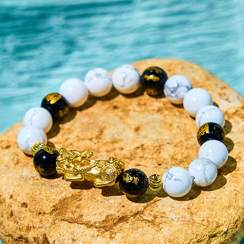 Vintage White Turquoise Black Onyx Pixiu Beads Blessing Bracelet