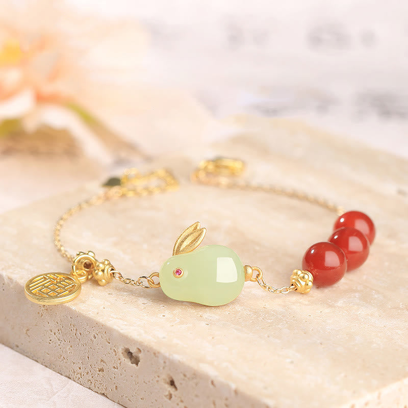 Red Agate Beaded Hetian Jade Rabbit Fu Character Luck Buckle Chain Bracelet
