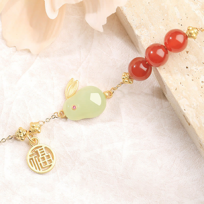 Red Agate Beaded Hetian Jade Rabbit Fu Character Luck Buckle Chain Bracelet - Image 5