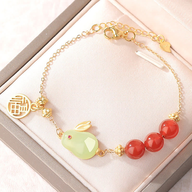 Red Agate Beaded Hetian Jade Rabbit Fu Character Luck Buckle Chain Bracelet - Image 3