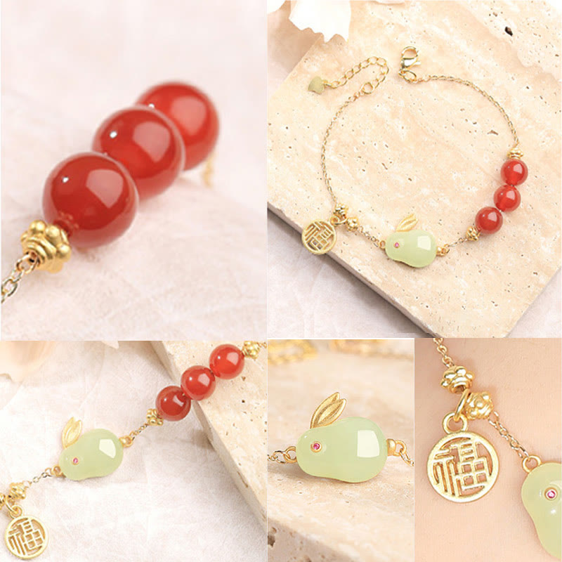 Red Agate Beaded Hetian Jade Rabbit Fu Character Luck Buckle Chain Bracelet - Image 11