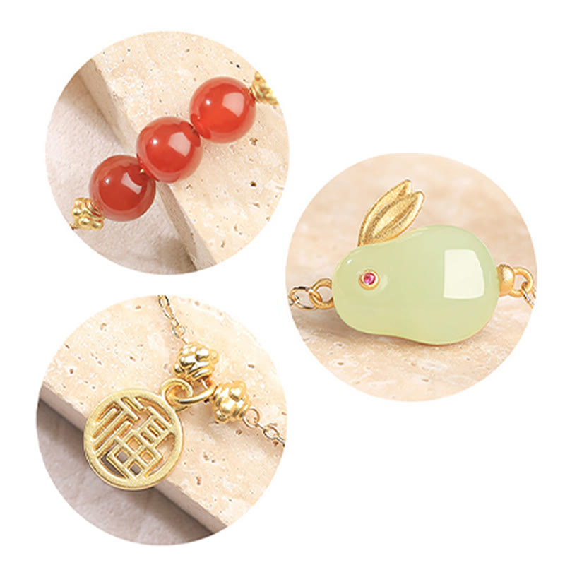Red Agate Beaded Hetian Jade Rabbit Fu Character Luck Buckle Chain Bracelet - Image 12
