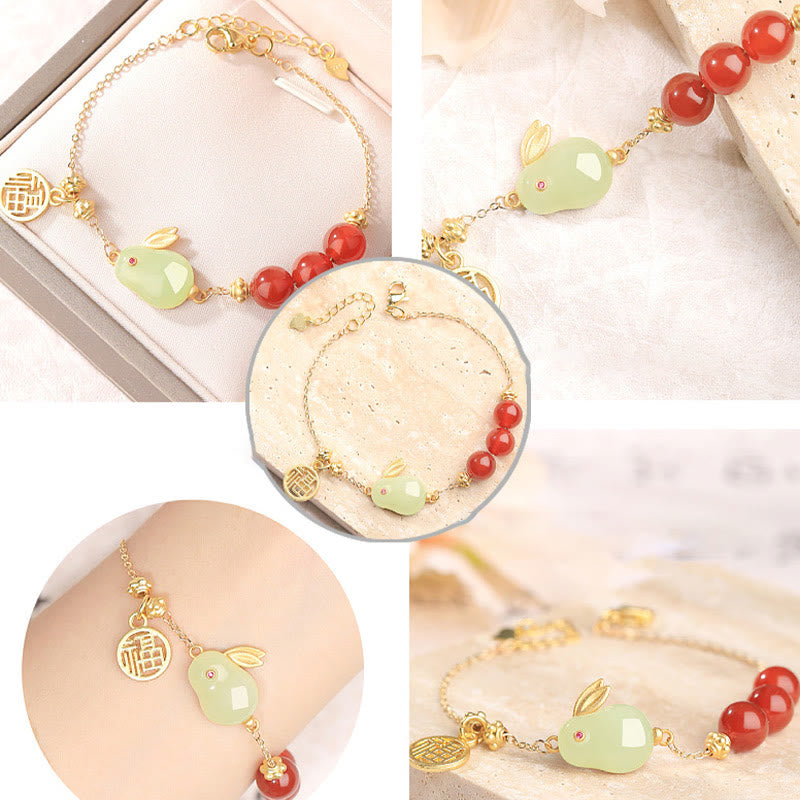 Red Agate Beaded Hetian Jade Rabbit Fu Character Luck Buckle Chain Bracelet - Image 10