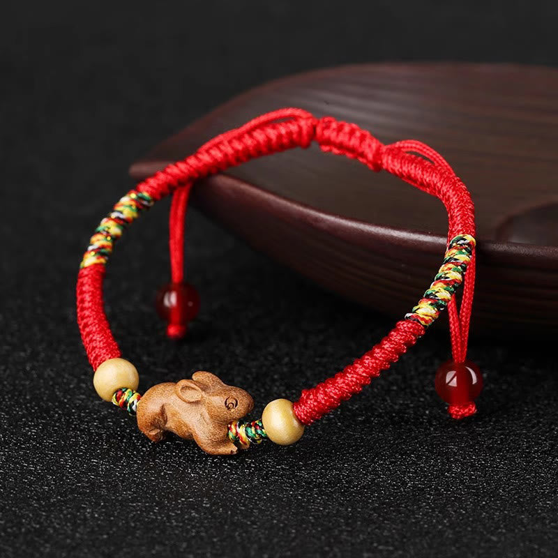 Handmade Chinese Zodiac Red String Peach Wood Luck Bracelet