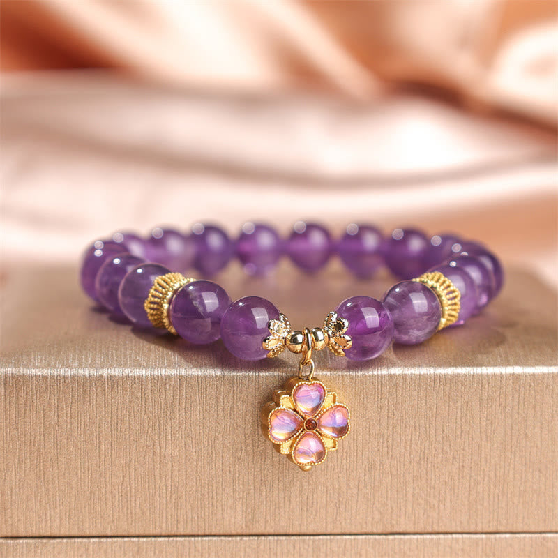 Natural Amethyst Four Leaf Clover Charm Communication Bracelet - Image 7