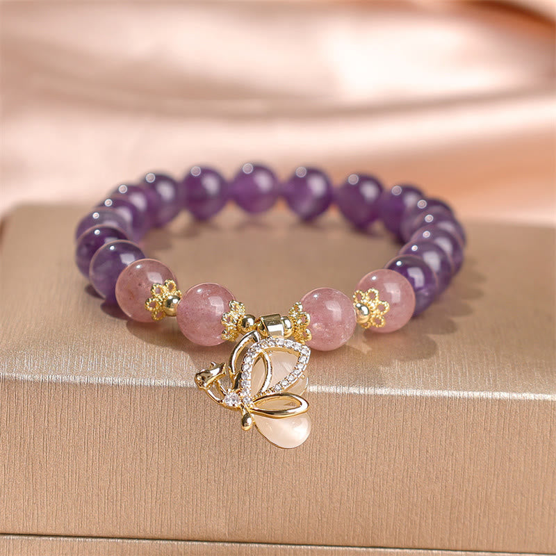 Natural Amethyst Strawberry Quartz Crystal Healing Butterfly Charm Bracelet - Image 7