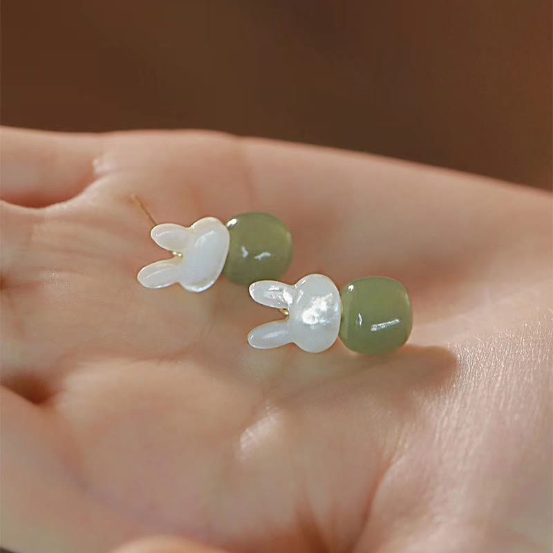 Tridacna Stone Cute Rabbit Hetian Jade Luck Earrings - Image 10