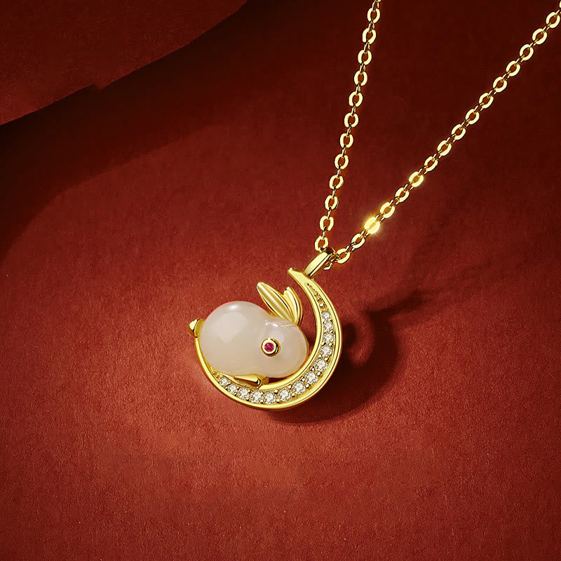 925 Sterling Silver Hetian White Jade Rabbit Crescent Moon Luck Necklace Pendant - Image 4