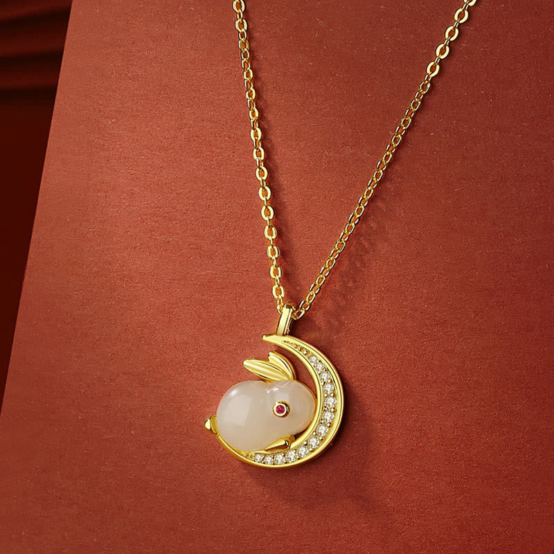 925 Sterling Silver Hetian White Jade Rabbit Crescent Moon Luck Necklace Pendant - Image 5