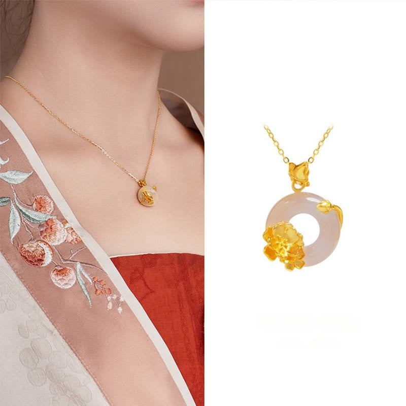 Natural 925 Sterling Silver White Chalcedony Peace Buckle Peach Blossom Butterfly Positive Necklace Pendant - Image 11