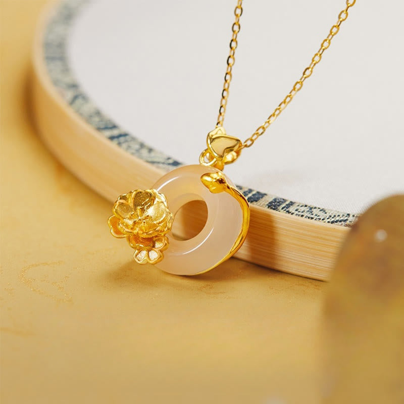 Natural 925 Sterling Silver White Chalcedony Peace Buckle Peach Blossom Butterfly Positive Necklace Pendant - Image 3