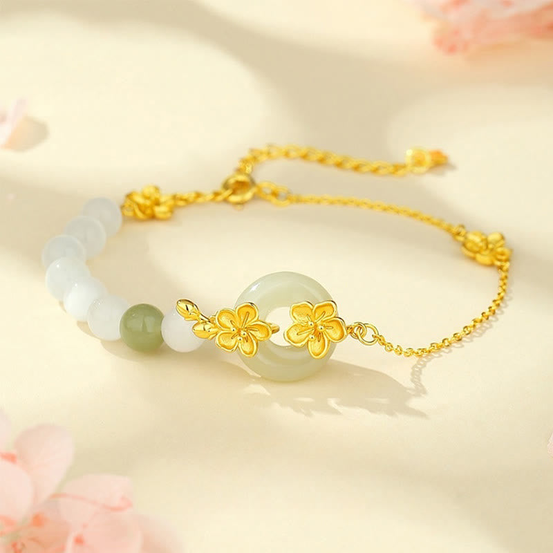 999 Sterling Silver Natural Hetian Jade Peace Buckle Peach Blossom Luck Bracelet