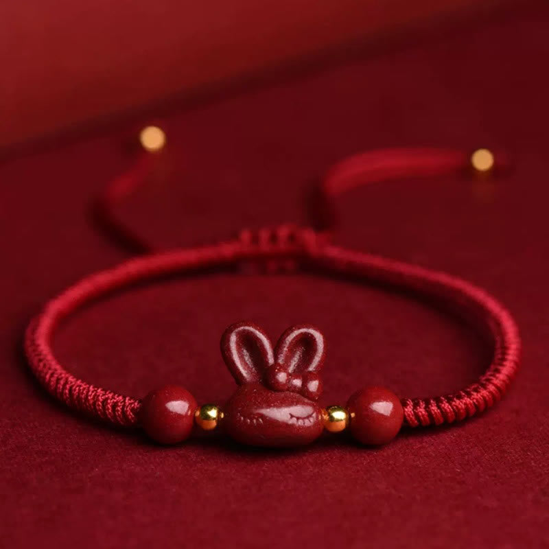 Handmade Cinnabar Chinese Zodiac Rabbit Luck Red Rope Bracelet