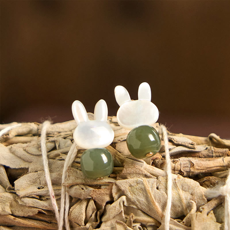 Tridacna Stone Cute Rabbit Hetian Jade Luck Earrings - Image 9