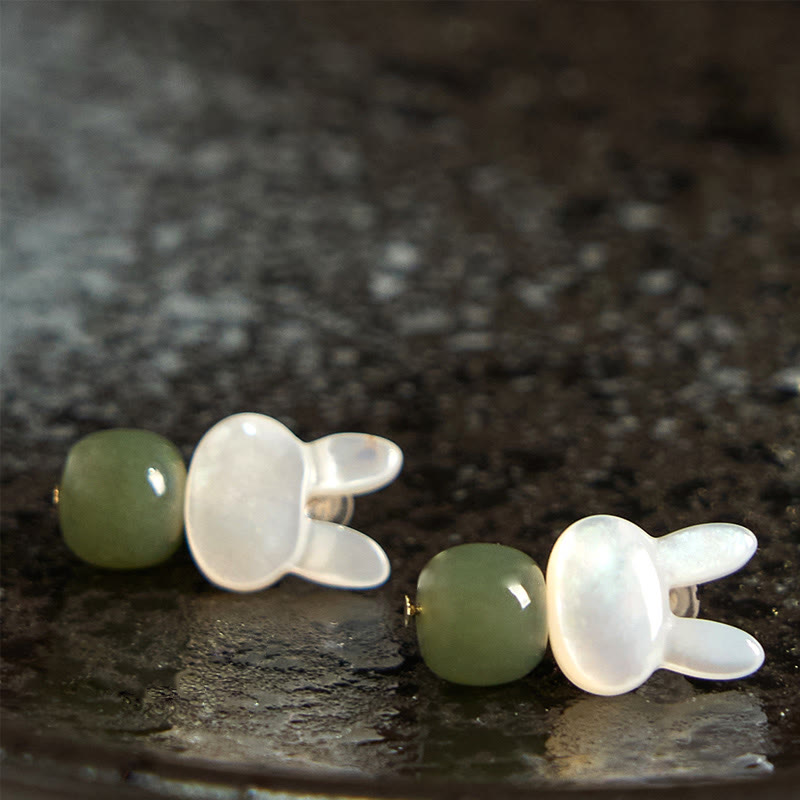 Tridacna Stone Cute Rabbit Hetian Jade Luck Earrings - Image 6