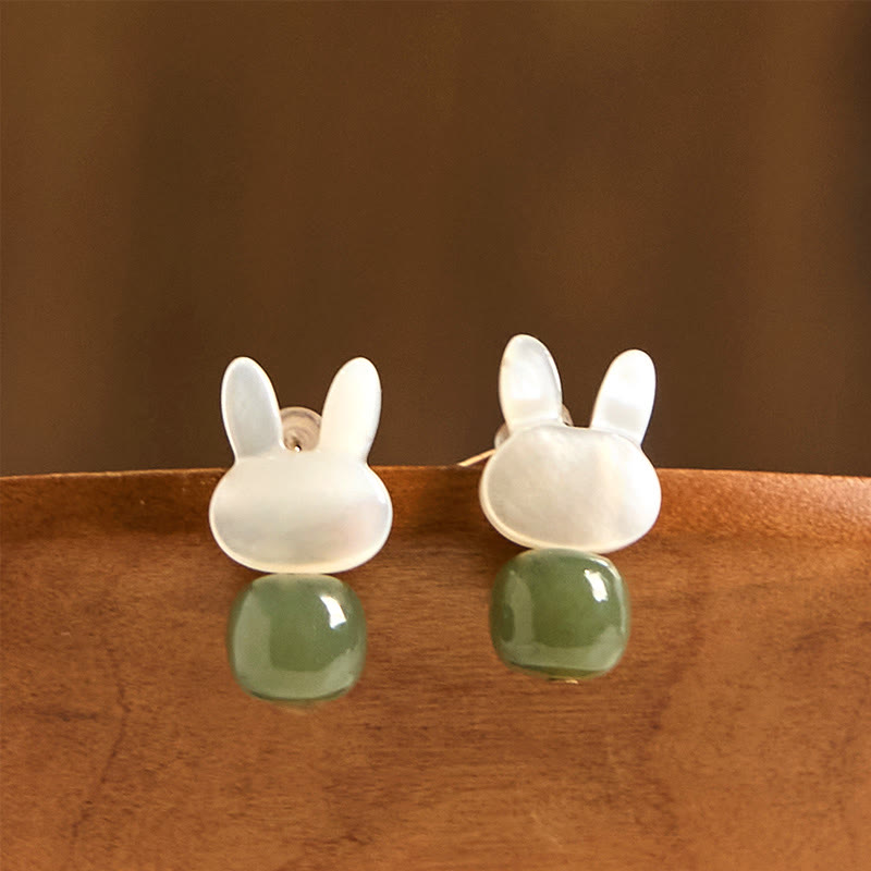 Tridacna Stone Cute Rabbit Hetian Jade Luck Earrings - Image 5