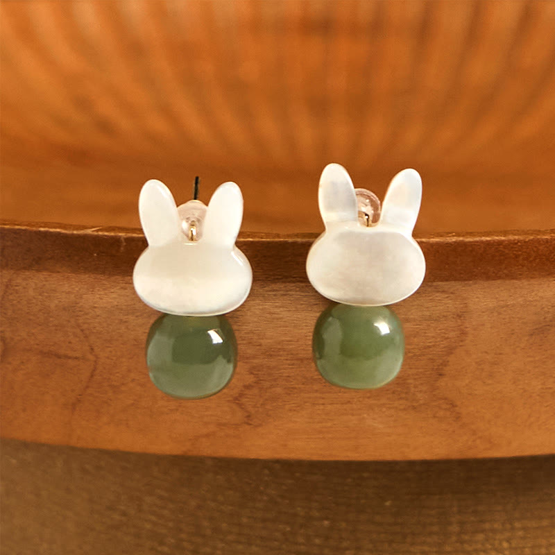 Tridacna Stone Cute Rabbit Hetian Jade Luck Earrings - Image 4