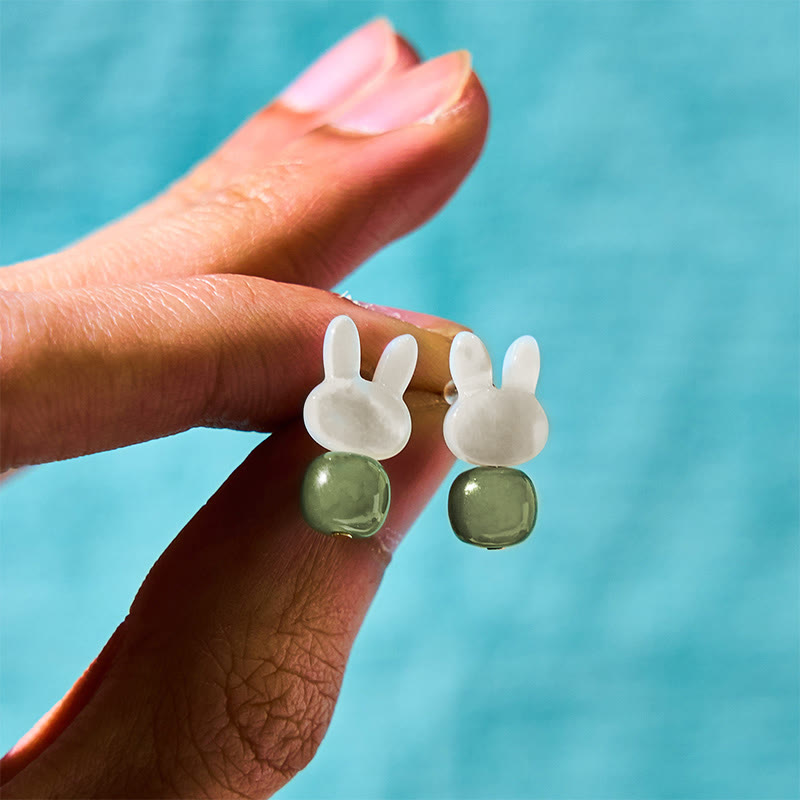 Tridacna Stone Cute Rabbit Hetian Jade Luck Earrings - Image 3