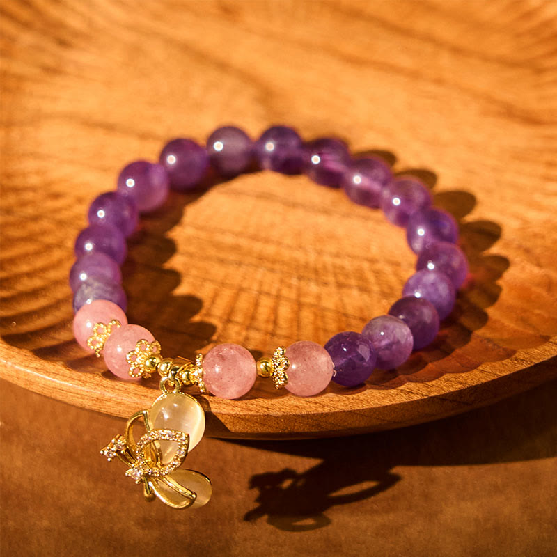 Natural Amethyst Strawberry Quartz Crystal Healing Butterfly Charm Bracelet - Image 6