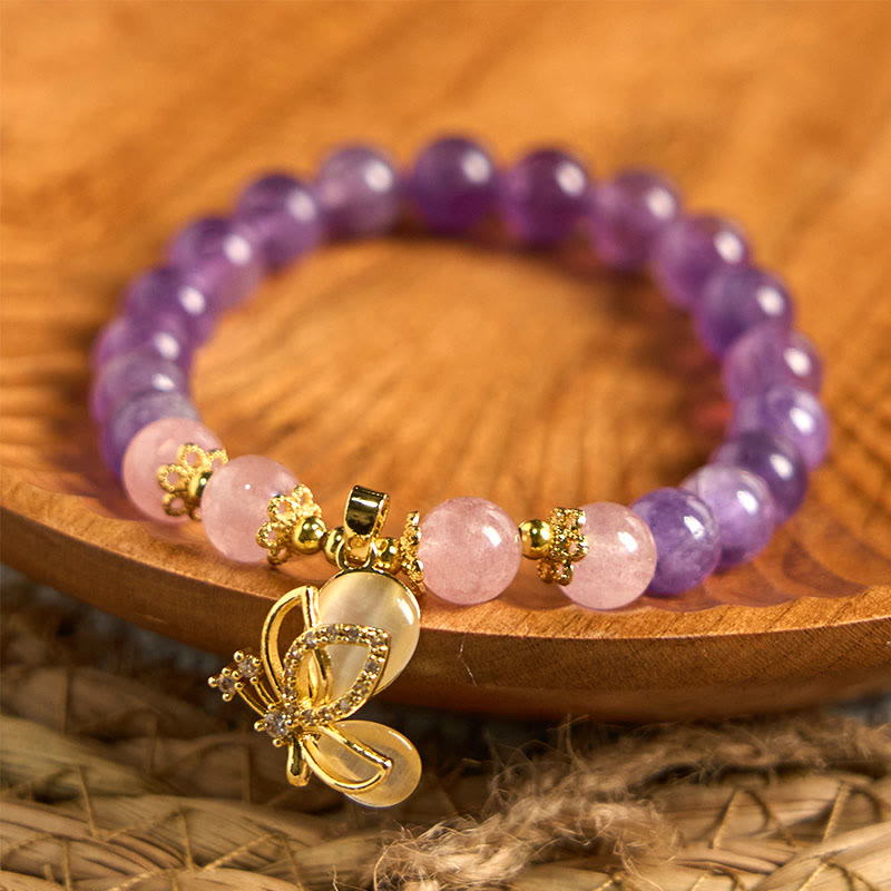Natural Amethyst Strawberry Quartz Crystal Healing Butterfly Charm Bracelet - Image 4