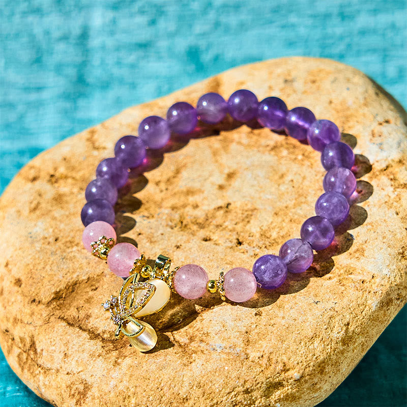 Natural Amethyst Strawberry Quartz Crystal Healing Butterfly Charm Bracelet