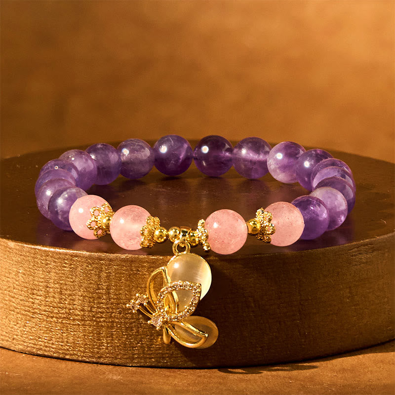 Natural Amethyst Strawberry Quartz Crystal Healing Butterfly Charm Bracelet - Image 5