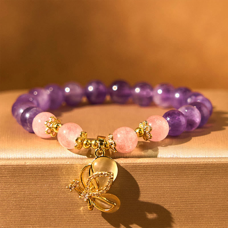 Natural Amethyst Strawberry Quartz Crystal Healing Butterfly Charm Bracelet - Image 3