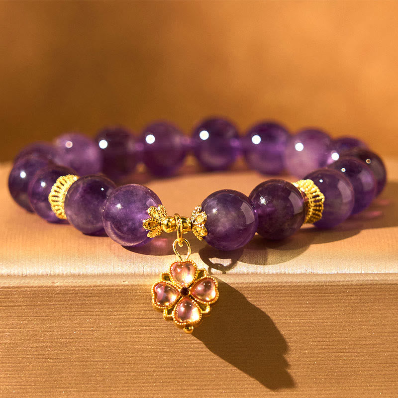 Natural Amethyst Four Leaf Clover Charm Communication Bracelet - Image 4