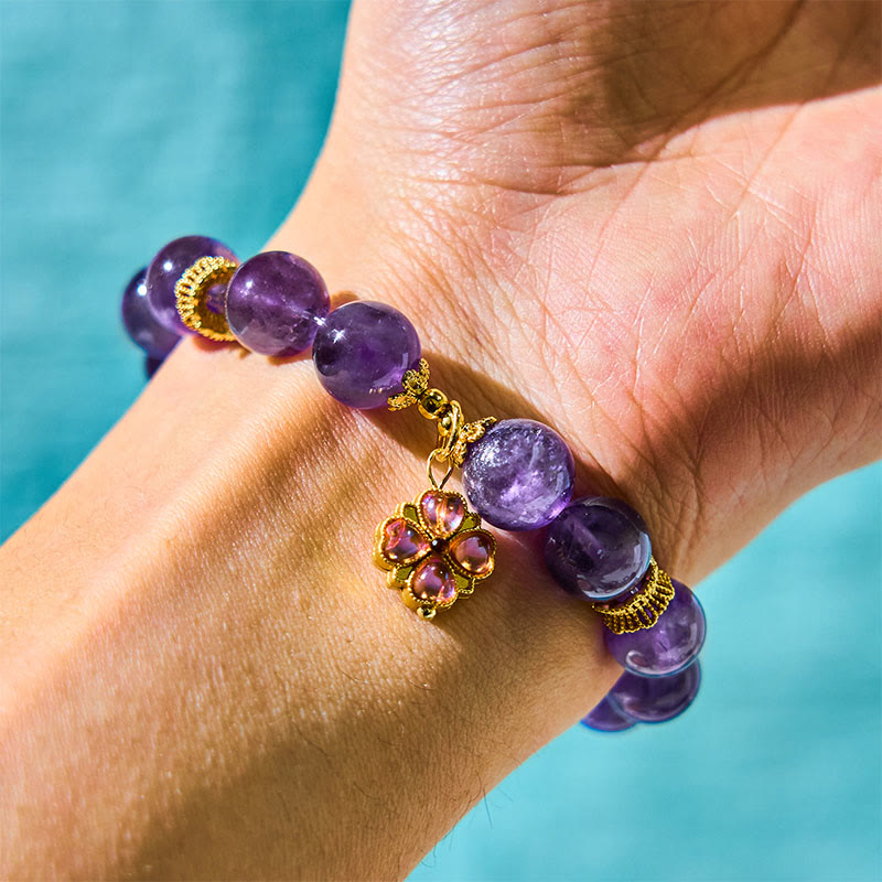Natural Amethyst Four Leaf Clover Charm Communication Bracelet - Image 3