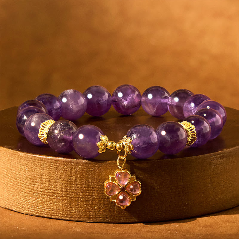 Natural Amethyst Four Leaf Clover Charm Communication Bracelet - Image 6